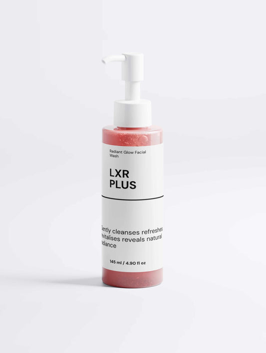 Radiant Glow Facial Wash in a white pump bottle with pink bands and a clean black label marked LXR PLUS.