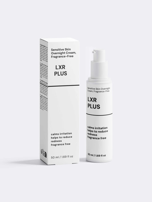 Sensitive Skin Overnight Cream in a white fragrance-free pump bottle with matching LXR Plus carton, black text and 50 ml size